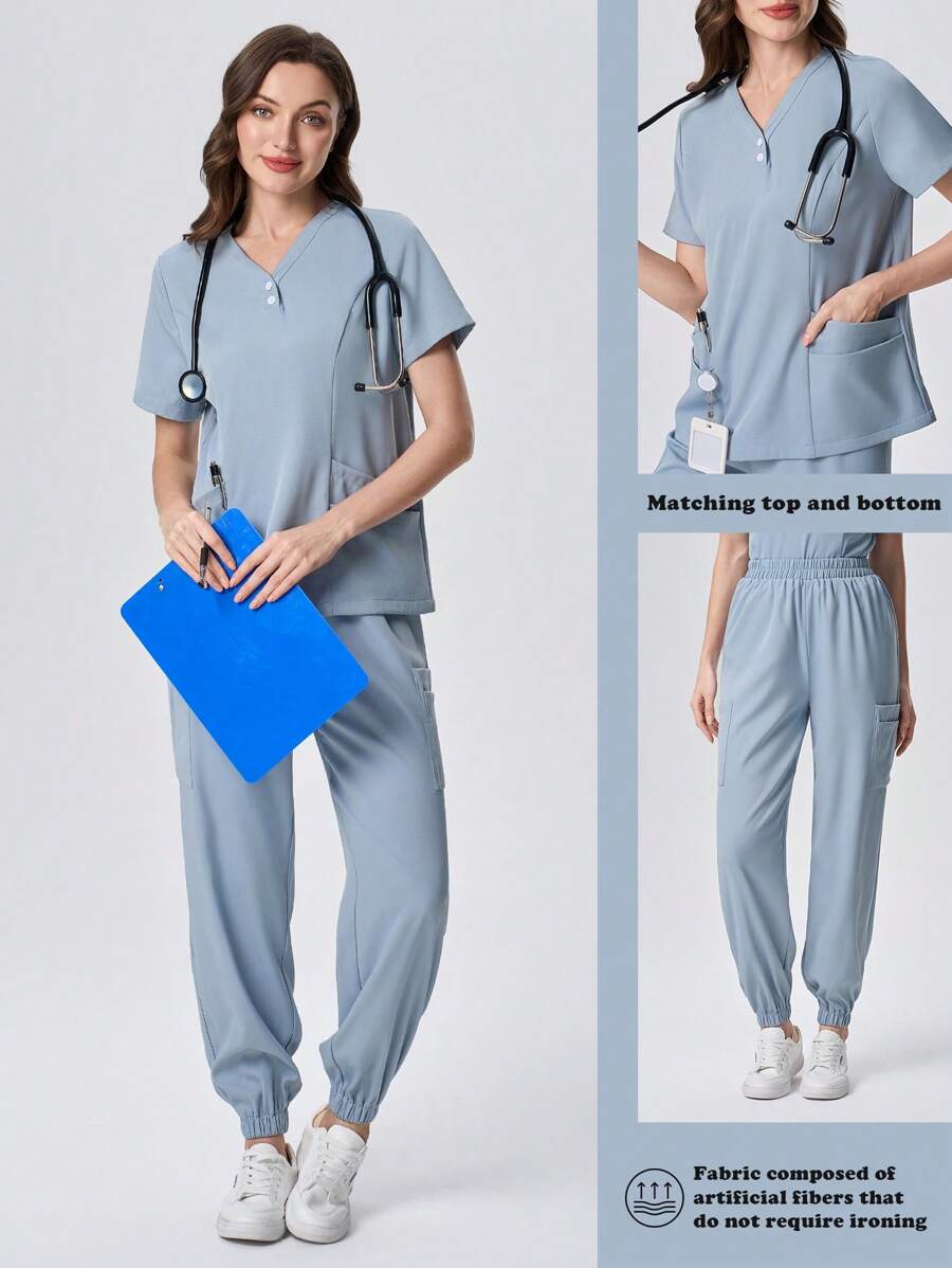 Scrubzie 2 件套抗皱 V 领短袖口袋上衣和抽绳裤女士手术服套装 - 淺藍色 - 查看 1