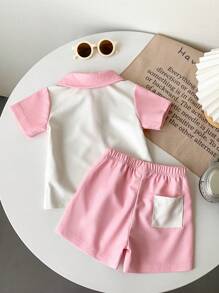 SHEIN 2pcs Infant/Toddler Unisex Casual Waffle Knit Colorblock Shirt And Shorts Set, 0-3 Years - Multicolor - View 2