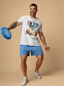 EASEVO Men's Plus Size Casual Letter Print Knit T-Shirt And Shorts Set
