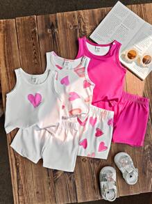 6 paquets Ensemble débardeur sans manches et shorts avec imprimé cœur pour bébé fille, tenue casual assortie convenant pour toutes les occasions en été - Multicolore - Voir 1