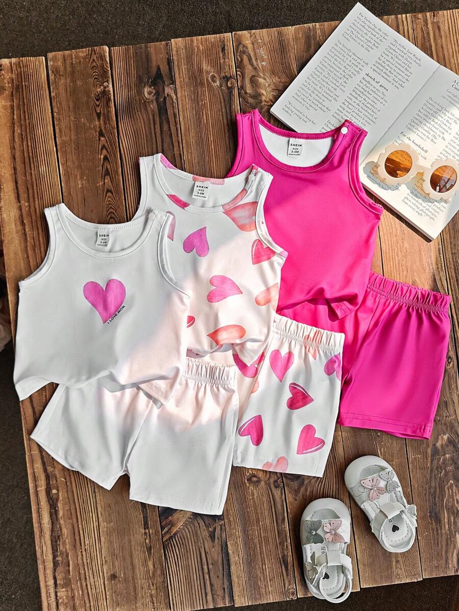 6 paquets Ensemble débardeur sans manches et shorts avec imprimé cœur pour bébé fille, tenue casual assortie convenant pour toutes les occasions en été - Multicolore - Voir 1
