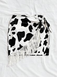 Soleia Fringe Tie-Up Mini Skirt With Cow Print, For Beach & Music Festival