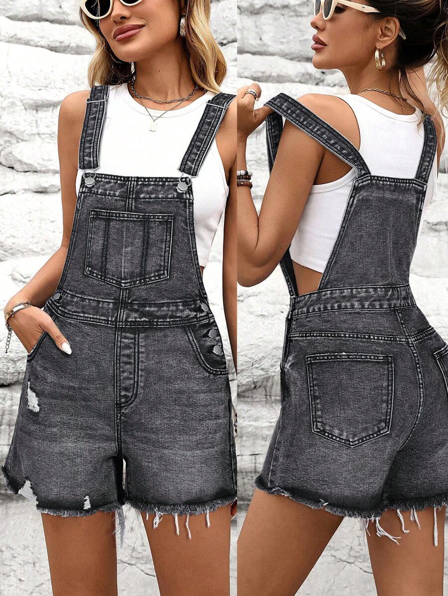 EMERY ROSE Women's Casual Washed Distressed Frayed Denim Bib Shorts - Dark Grey - View 1