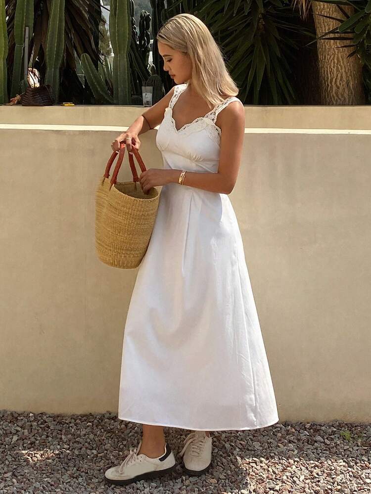 Contrast Lace Trim Casual Vacation Long Dress Sleeveless Empire Waist Umbrella Backless Dress For Women, Summer Maxi Dress