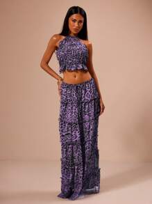 MUSERA Leopard Print Chiffon Shirred Soft Halter Neck Crop Top Festival Srping Summer Elegant Holiday - Lilac Purple - View 5
