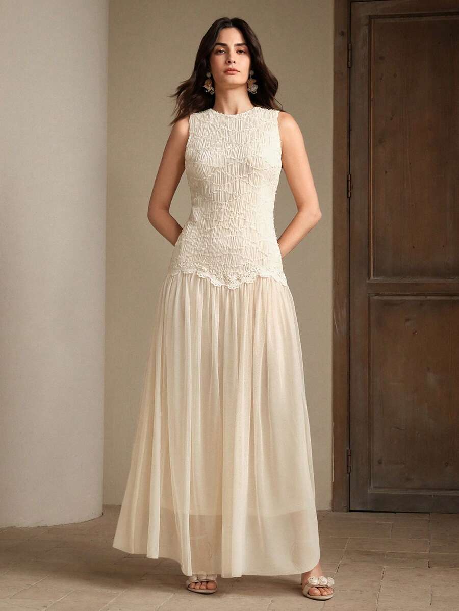 Anewsta 优雅浪漫约会之夜/派对女士修身拼接连衣裙,春装,夏装,优雅,度假,约会之夜,毕业礼服,婚礼宾客礼服 - 杏色 - 查看 1