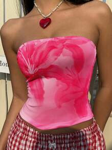 SHEIN EZwear Áo crop top họa tiết hoa màu hồng đơn giản dành cho nữ, phù hợp cho mùa hè - Nhiều màu - Xem 8