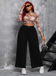 SHEIN SXY Plus Size Women Denim High Waist Wide Leg Jeans With Slit Detail Summer Outfits For Women Festival Outfits - Black - View 6
