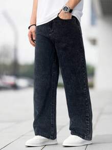 SHEIN Teen Boy Fashion Casual Black Denim Basic Simple Loose Straight Leg Jeans For Boys Soft Dailywear And The Four Seasonsr Teen Boy Clothes - Black - View 3