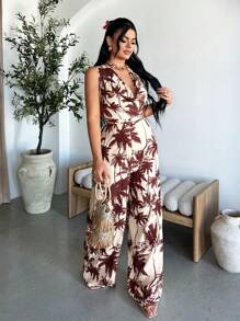 SHEIN SXY Women's Boho Palm Tree Print Sleeveless Cowl Neck Long Jumpsuit: Woven Fabric, Multicolor, Knot Detail For A Stylish Look. - Multicolor - View 5