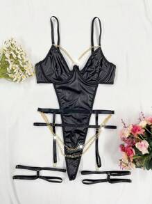 SHEIN 3pcs Women Sexy Lingerie Jumpsuit Set (With Underwire, 2 Leg Ring) - Black - View 6