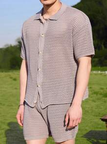 Manfinity CasualKnits Men's Solid Color Single-Breasted Short Sleeve Knit Top And Knit Shorts Set Men Short Sets Men Shirt Co Ords