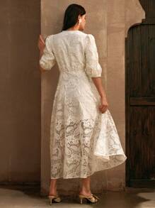 Anewsta 春夏优雅度假约会夜海滩女士约会派对 V 领透视腰部收紧蕾丝花卉刺绣优雅短袖长裙 - 杏色 - 查看 2