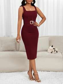 SHEIN Lady Women's Solid Color Commuting Vacation Outing Multi-Occasion Square Neck Belt Suspender Dress - Red - View 6