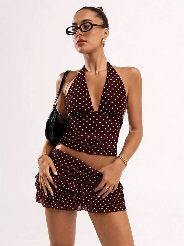 SHEIN BAE Women's Polka Dot Printed Ruched Plunging V-Neck Crop Camisole