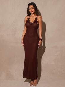 Silquee Women's Dark Brown Hollow Fish Scale Crochet Bodycon Dress,Elegant 3D Floral V-Neck Halter Dress For Autumn,Vacation,Holiday,Beach,Summer Pool Party - Chocolate Brown - View 1
