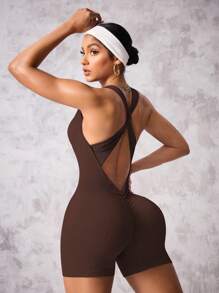 Easithlete 1pc Women's Twist Knot Yoga/Running Athletic Romper Demon Slayr - Coffee Brown - View 6