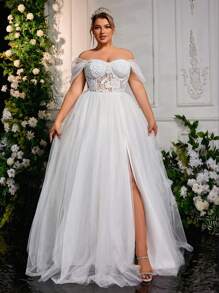 Glamrae Váy cưới chữ A hở vai thêu lưới màu trắng thanh lịch lãng mạn cỡ lớn, váy cưới, cô dâu - trắng - Xem 5