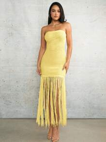 Silquee Island Girl Crochet Maxi Dress Cover Up Apricot Linen Strapless Strapless Spring And Summer Vacation Beach Extra Long Tassel Mini Crochet Dress - Yellow - View 6