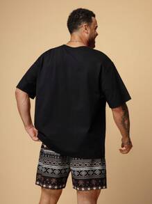 EASEVO 2pcs Plus Size Men Casual Knit T-Shirt & Woven Shorts Set - Black - View 2