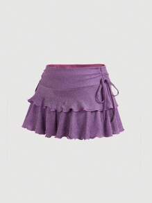 SHEIN MOD Falda mini morada con purpurina, de cintura baja, con cordones laterales y múltiples volantes