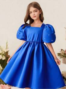 Vestido elegante de fiesta para niña preadolescente con espalda abierta, diseño hueco en forma de corazón, manga abullonada y cuentas