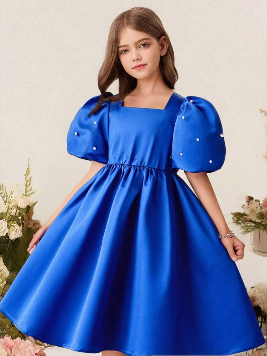 Vestido elegante de fiesta para niña preadolescente con espalda abierta, diseño hueco en forma de corazón, manga abullonada y cuentas