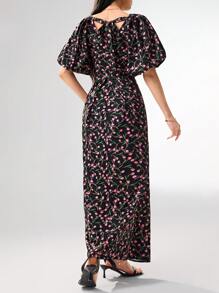 Modelyn Vestido de verano de mujer con cuello en V, manga abullonada y estampado floral elegante - Multicolor - Ver 5