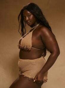 MUSERA Plus Size Sexy Cute Elegant Crochet Knit Halterneck Fringed Beaded Triangle Bikini Top Boho For Swim Holiday For - Camel - View 3