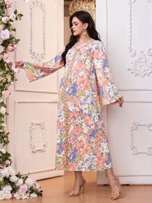 SHEIN 孕妇优雅花卉印花喇叭袖孕妇装 - 彩色 - 查看 5
