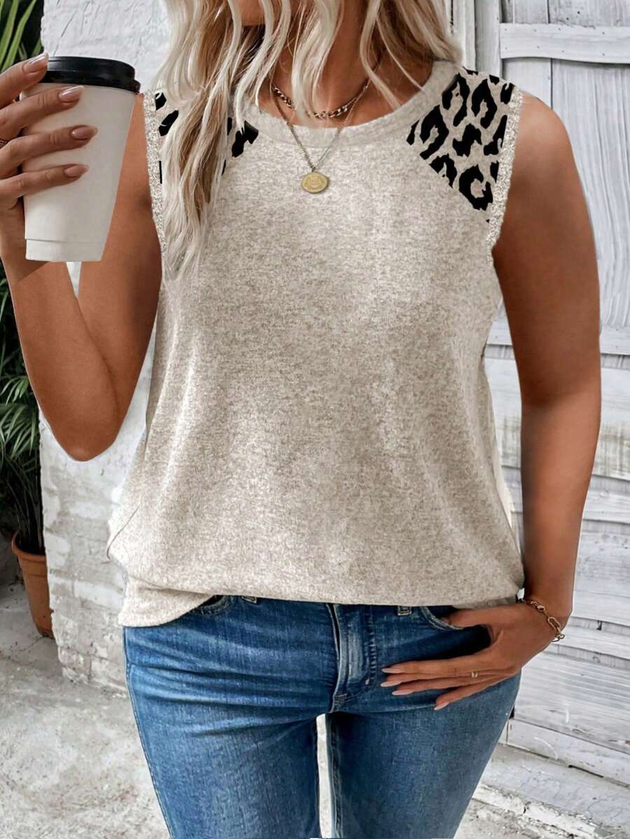 INAWLY Áo ba lỗ cổ tròn họa tiết da báo thời trang cỡ lớn cho nữ - Nhiều màu - Xem 1