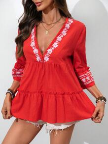 SHEIN VCAY 纯色编织 V 领荷叶边袖宽松女式衬衫 - 紅色 - 查看 3