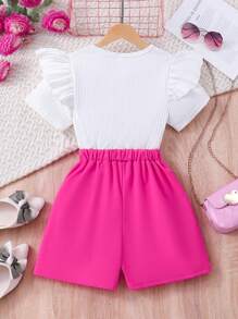Tween Girls 2pcs Set: Solid Ribbed Cap Sleeve T-Shirt & Faux Pearl Trim Skort, School, Campus, College Summer Holiday - Hot Pink - View 2