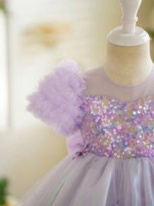 SHEIN Vestido de fiesta de estilo princesa con mangas abullonadas, con flores 3D y lentejuelas para niñas jóvenes, para cumpleaños, eventos escolares y verano