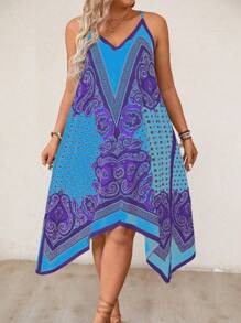 SHEIN LUNE Plus Size Full Print Sleeveless Casual Strap Dress For Summer - Blue - View 4