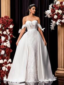 Glamrae Vestido largo de encaje y satén con bordados, escote hombros descubiertos, lazo y diseño de cola de sirena con vuelo extra, apropiado para boda, fiesta, luna de miel, novia - Beis - Ver 6