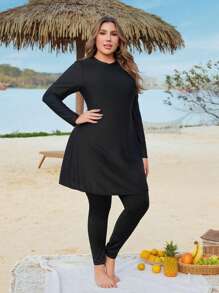 Swim Mulvari 3pcs Plus Size Solid Color Burkini Set For Beach And Vacation For Summer - Black - View 5