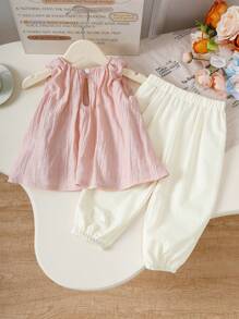 SHEIN Girls Summer Outfit New Fashion Style Baby Sleeveless Top + Thin Shorts 2pcs Sets - Pink - View 2