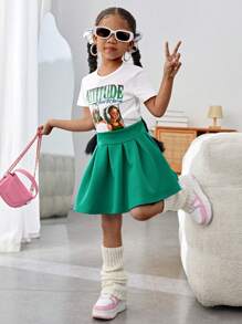 SHEIN Leap Crew 2pcs Girls Solid Color Knit Round Neck T-Shirt And Woven Skirt Set - Green - View 5