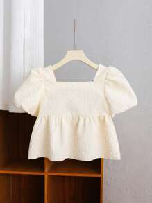 Tween Girl 休闲优雅可爱韩版泡泡袖蝴蝶结撞色黑白衬衫 - 黑與白 - 查看 2