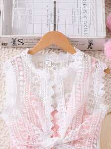 SHEIN 2 Pieces Tween Girl Set,White Lace Jacket Top With Pink And White Striped,Sleeveless Dress,Dyed Lace & Ruffle Hem,Elegant Summer Party Casual Wear - Pink - View 3