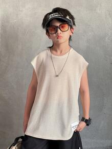 Tween Boy Oversized Casual Comfortable Versatile Soft Waffle Textured Letter Graphic Round Neck Tank Top, Suitable For Daily Wear, Outdoor Play, School, Street Style, Party And Home Leisure - Khaki - View 5