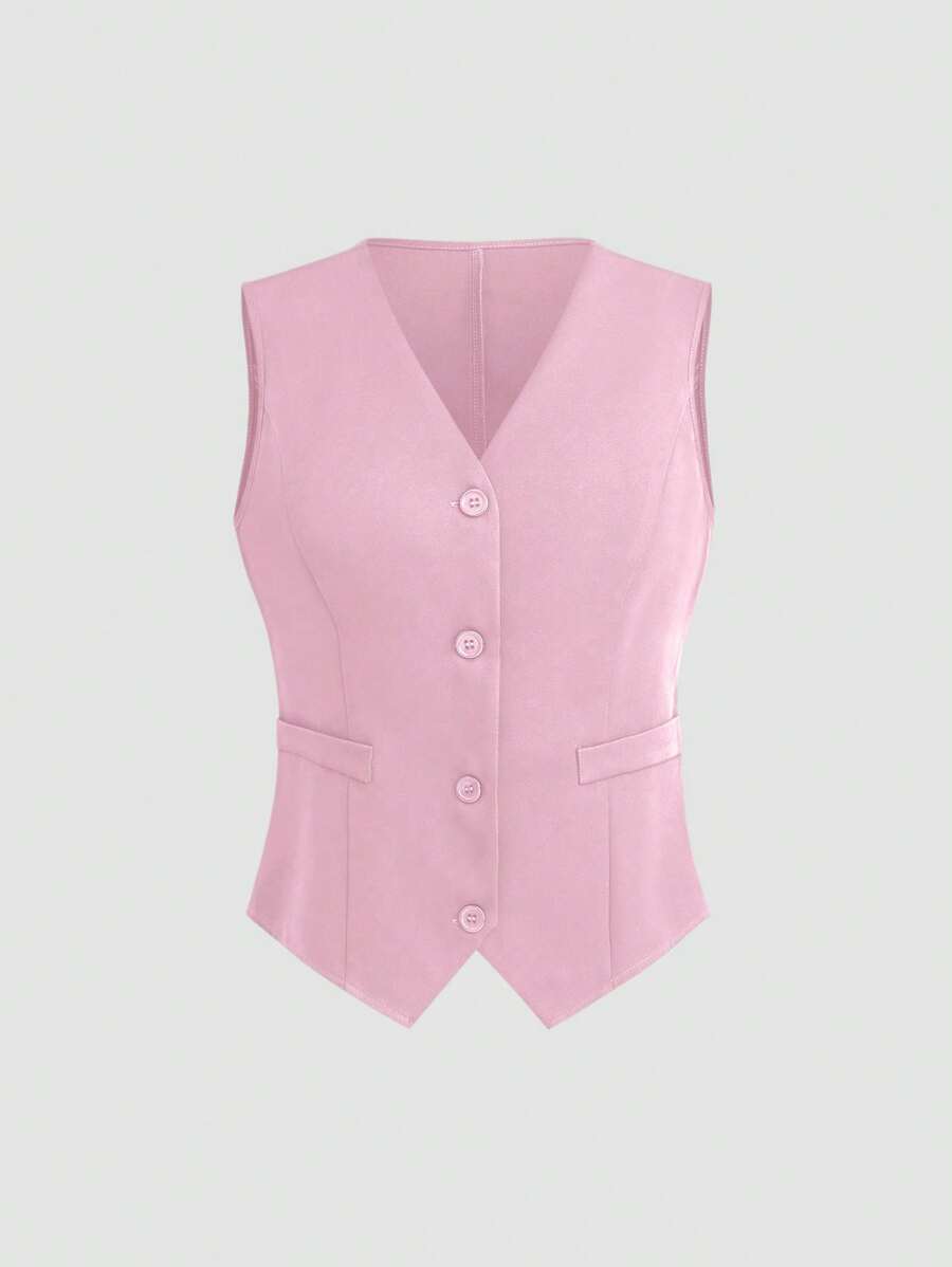 SHEIN Unity Women's Solid Color Single Breasted V-Neck Casual Vest - Dusty Pink - View 1