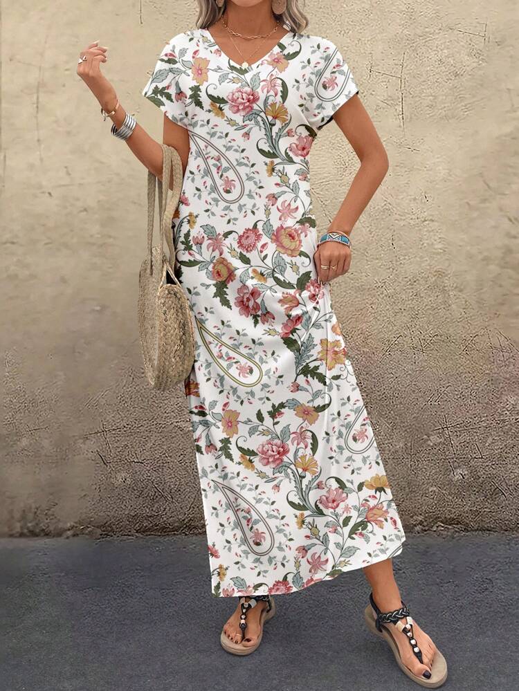 Women's Casual Maxi Dress: Floral Print, V-Neck, Short Sleeve, Split Thigh Knitted Fabric Dress For Everyday Style