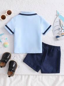 Souflis Souflis 2-Pc Baby Boy Navy Patchwork Lapel Short Sleeve Shirt & Shorts Set, Suitable For Summer, 6M-3Y Boys Toddler Outfit Sets Boy Baby Clothes Baby Boys Sets Boys Outfit Sets Boy Clothes For Kids Baby Boys Sets - Blue - View 3