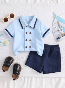 Souflis Souflis 2-Pc Baby Boy Navy Patchwork Lapel Short Sleeve Shirt & Shorts Set, Suitable For Summer, 6M-3Y Boys Toddler Outfit Sets Boy Baby Clothes Baby Boys Sets Boys Outfit Sets Boy Clothes For Kids Baby Boys Sets - Blue - View 2