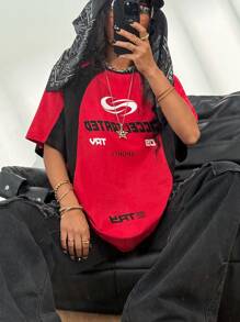 Coolane 女士夏季街头时尚运动时尚撞色休闲字母印花圆领插肩短袖宽松 T 恤