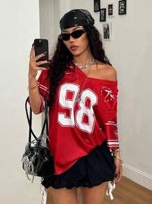 Coolane Women's Spring/Summer Festival Going Out Streetwear Vintage Breathable Mesh Number Pattern Graphics Baseball Jersey Red  Jersey T-Shirt