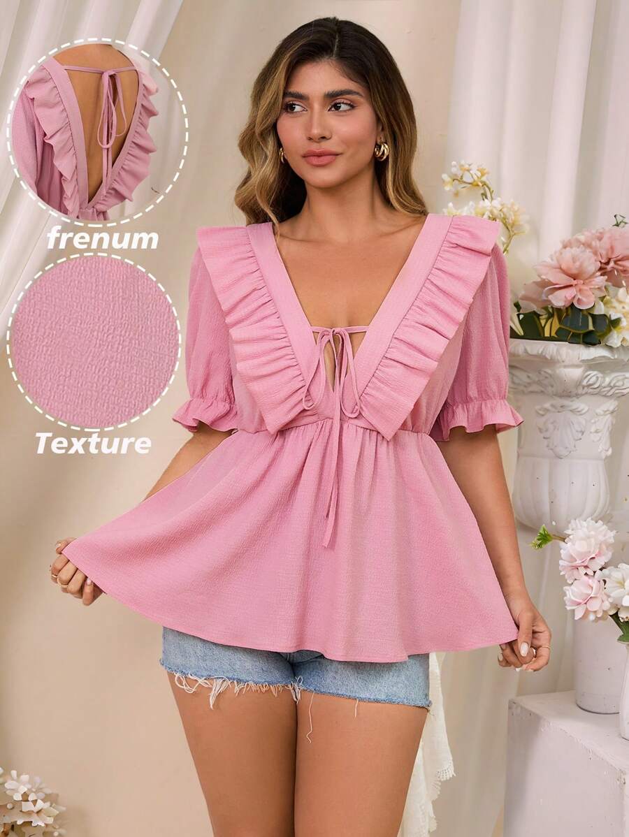 KURAYIA Blusa corta de escote en V con volantes, sin espalda y manga corta para mujer de talla grande