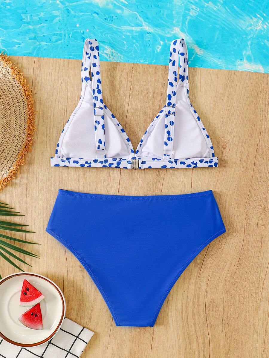 SHEIN Tween Girls Summer Beach Vacation Matching Print Swimsuit Set, Cute Casual Outfit Suitable For Beach Holiday - Blue and White - View 1